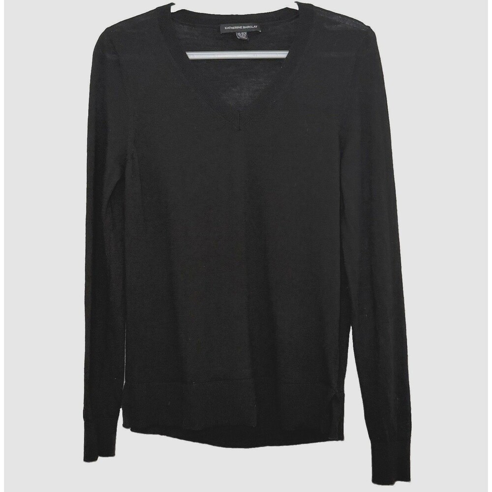 Katherine Barclay Sweater Womens XS Black 100% Merino Wool V Neck Long Sleeve